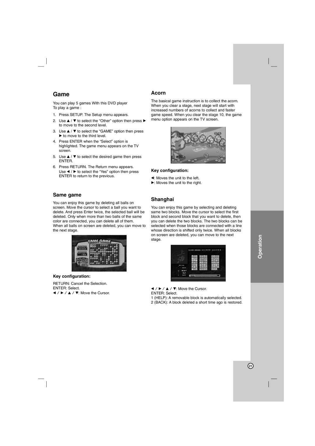 LG Electronics DGK774, DGK775 owner manual Game, Acorn 