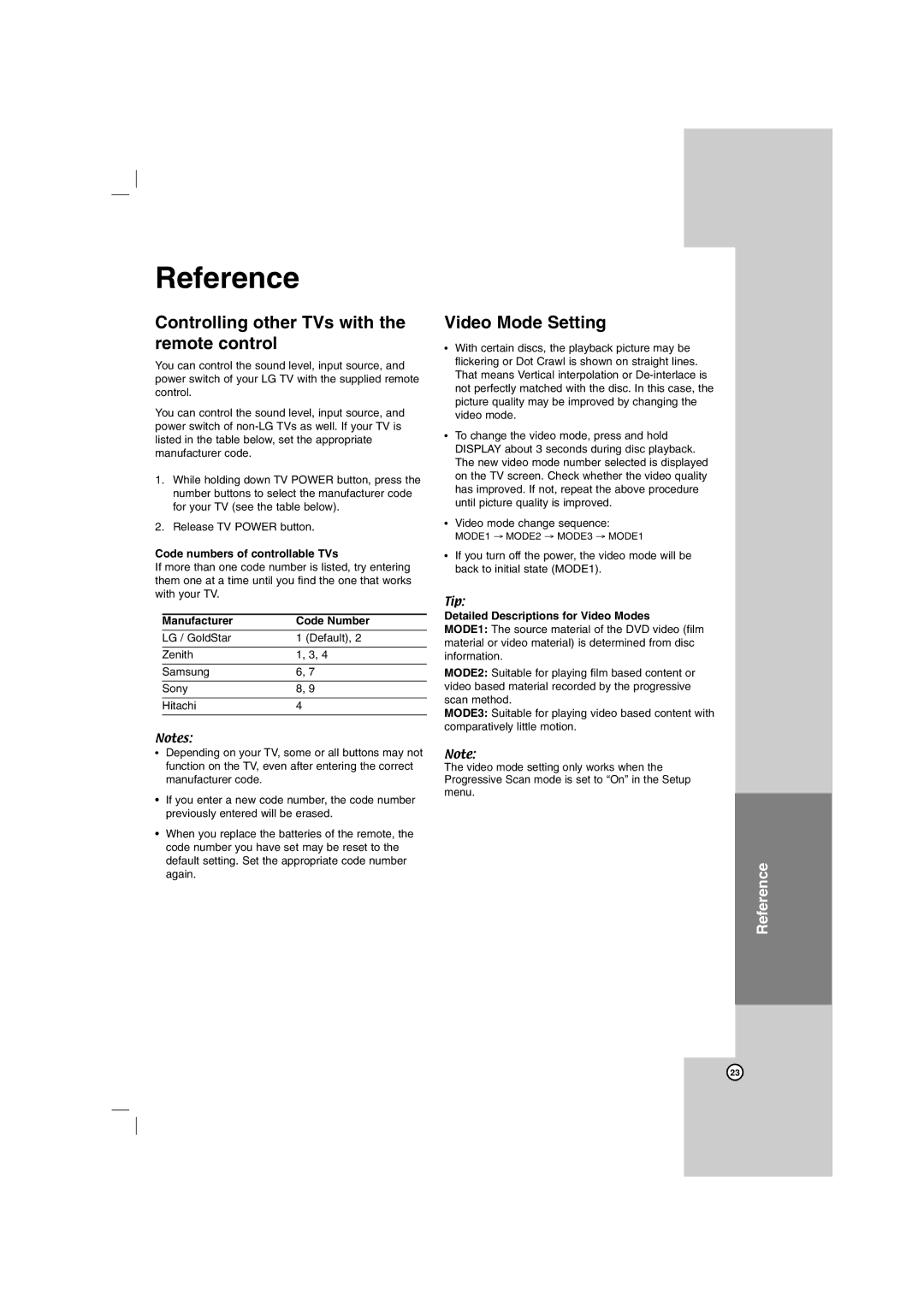 LG Electronics DGK774 Controlling other TVs with the remote control, Video Mode Setting, Code numbers of controllable TVs 