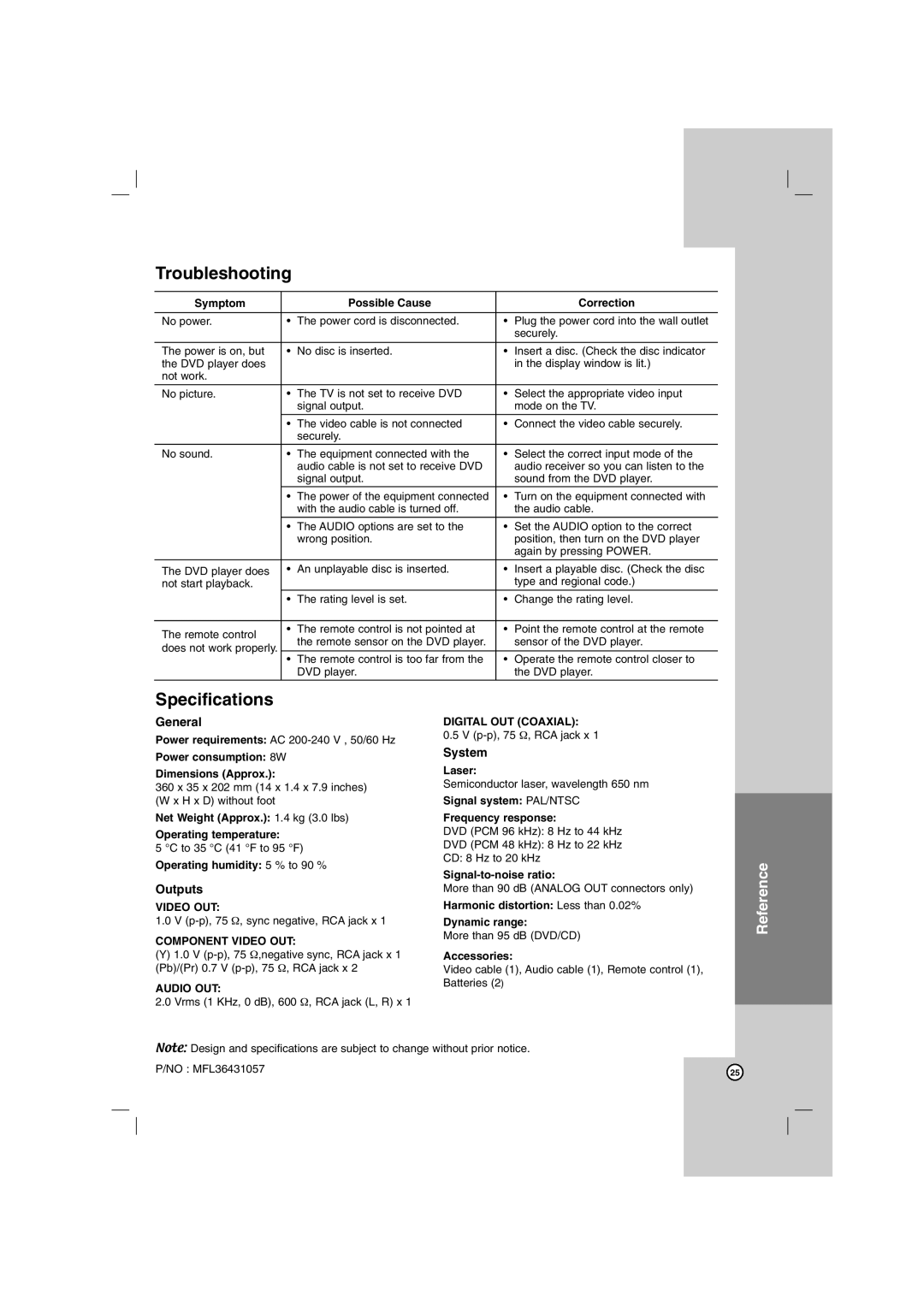 LG Electronics DGK774, DGK775 owner manual Troubleshooting, Specifications 