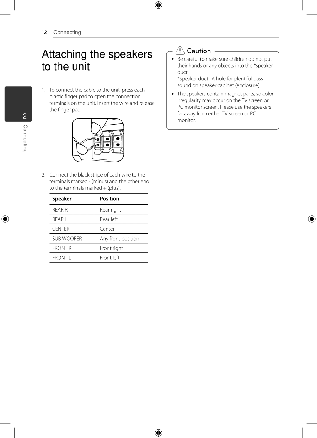 LG Electronics DH4220S owner manual Attaching the speakers to the unit, Speaker Position 