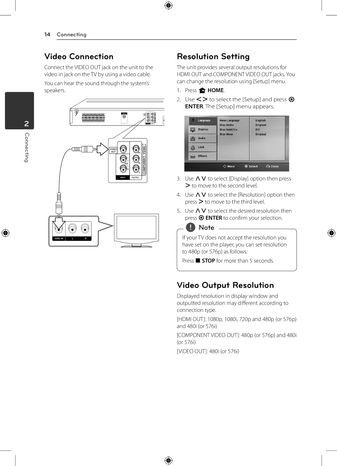 LG Electronics DH4220S owner manual Video Connection, Video Output Resolution 