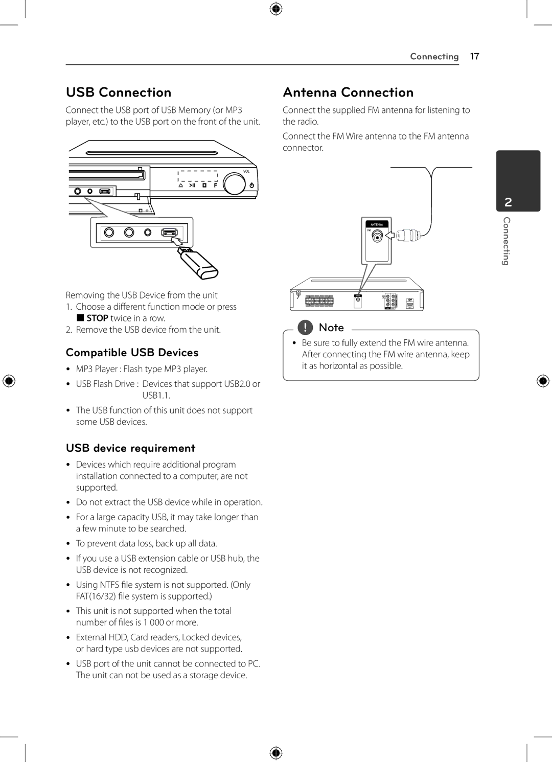 LG Electronics DH4220S owner manual USB Connection, Compatible USB Devices, USB device requirement 