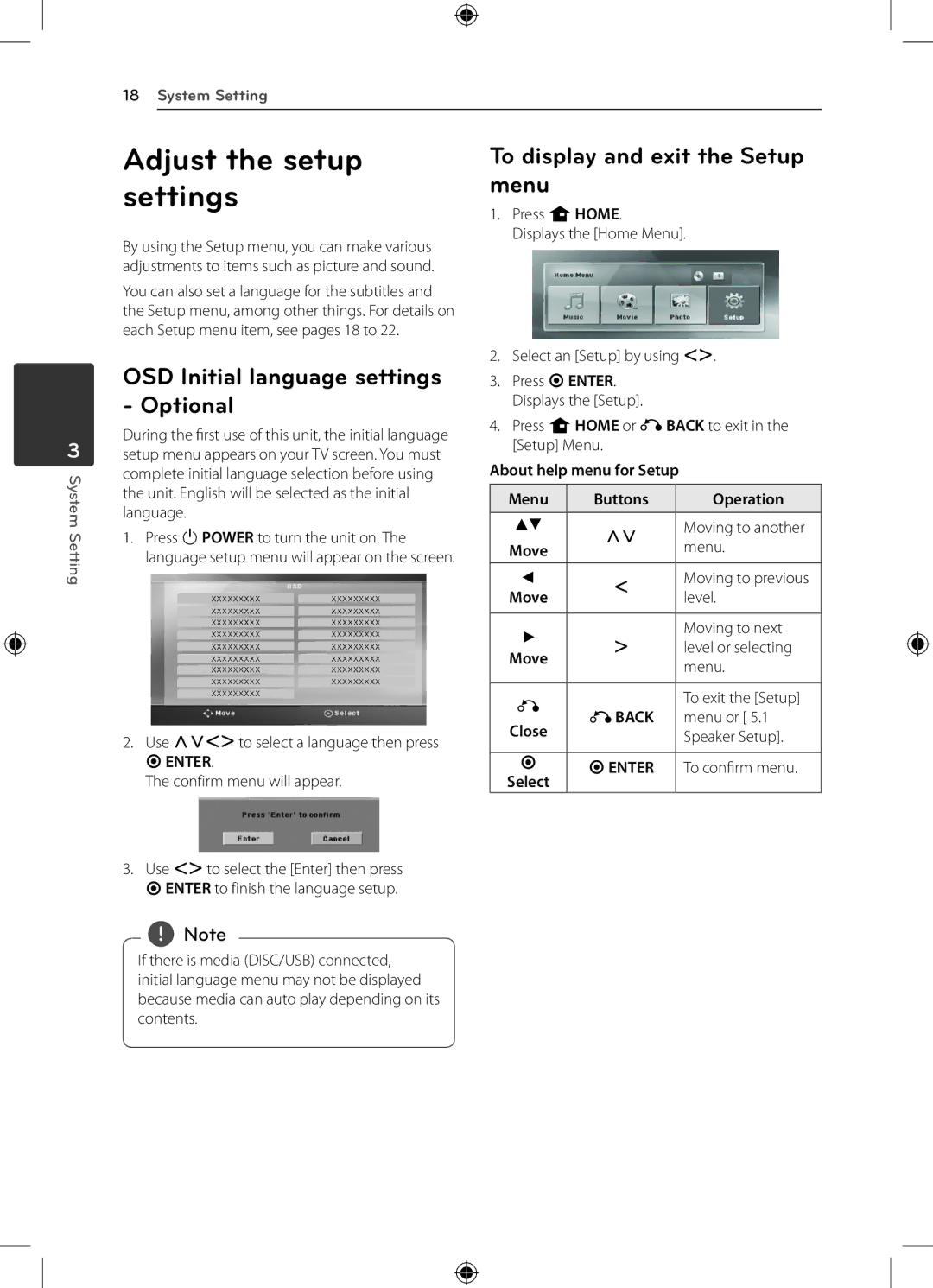 LG Electronics DH4220S owner manual Adjust the setup settings, OSD Initial language settings Optional 