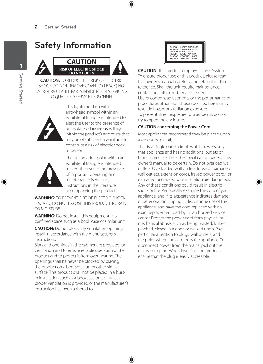 LG Electronics DH4220S owner manual Safety Information, Risk of Electric Shock Do not Open 