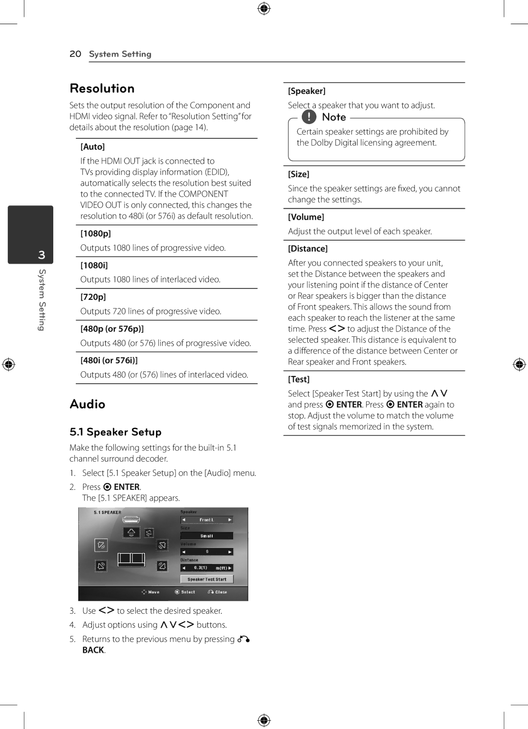 LG Electronics DH4220S owner manual ResolutionSpeaker, Audio, Speaker Setup 