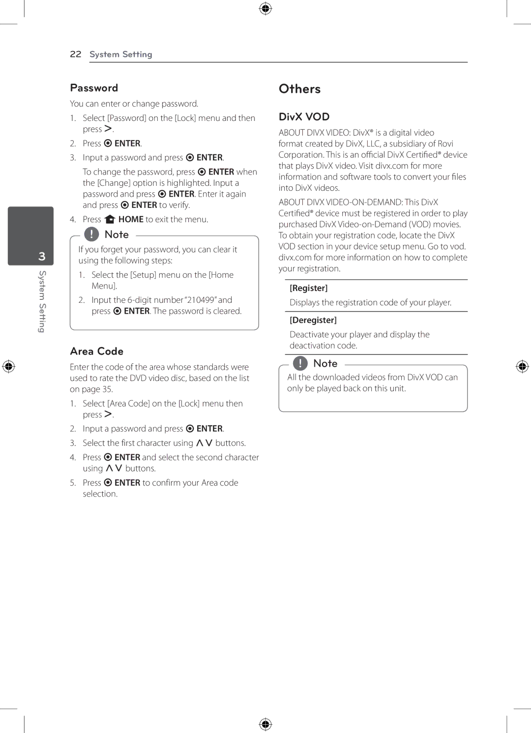 LG Electronics DH4220S owner manual Password, Area Code, DivX VOD, Register, Deregister 