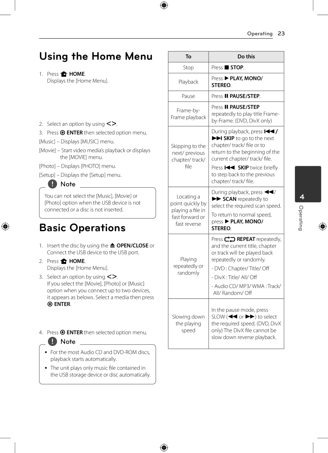 LG Electronics DH4220S owner manual Using the Home Menu, Basic Operations 