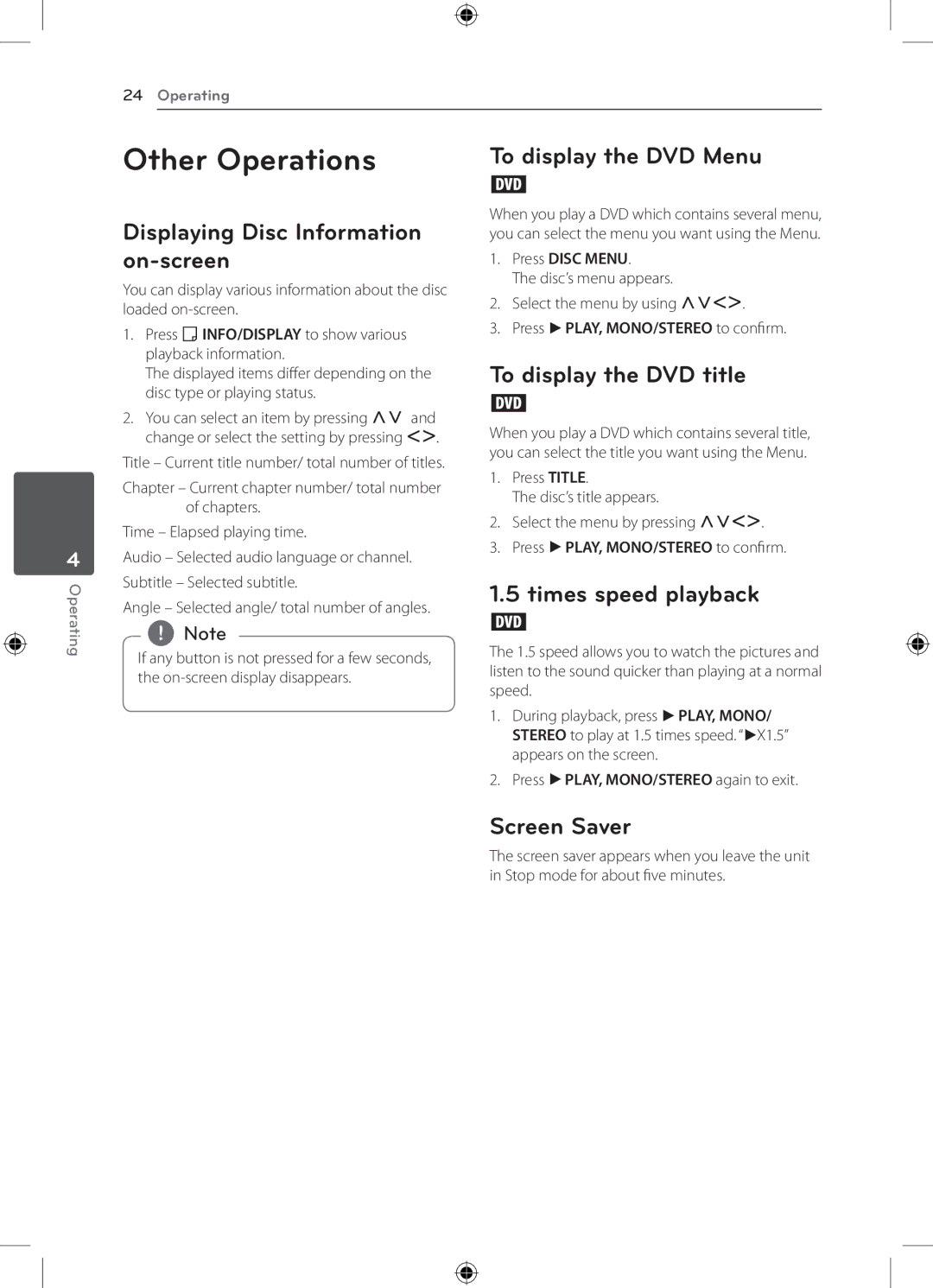 LG Electronics DH4220S owner manual Other Operations 