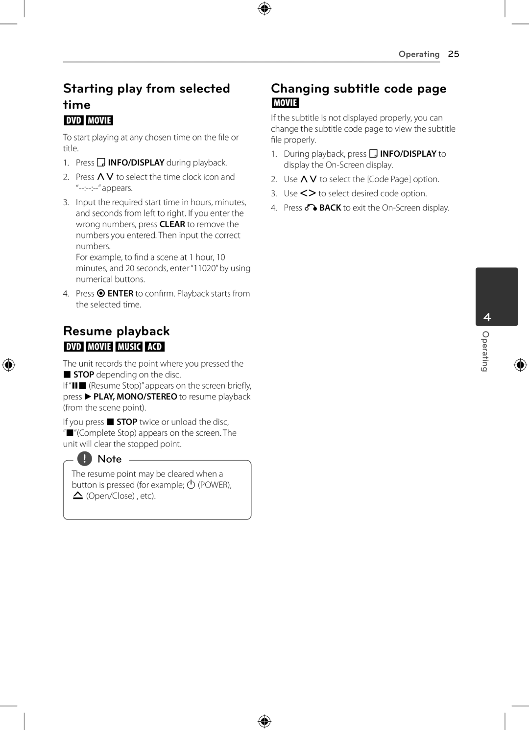 LG Electronics DH4220S owner manual Starting play from selected time, Resume playback, Changing subtitle code 