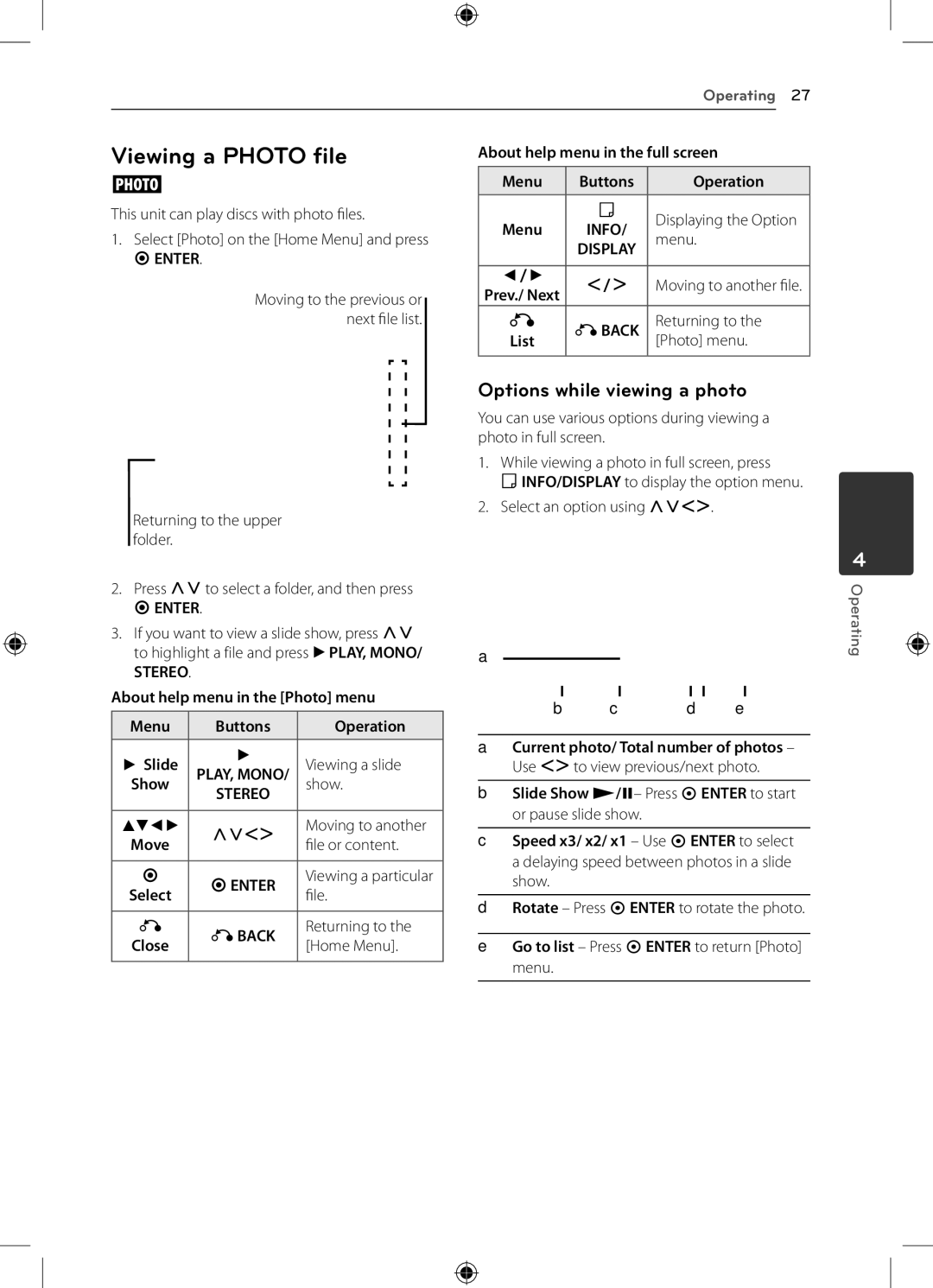 LG Electronics DH4220S owner manual Viewing a Photo file, Options while viewing a photo, About help menu in the full screen 