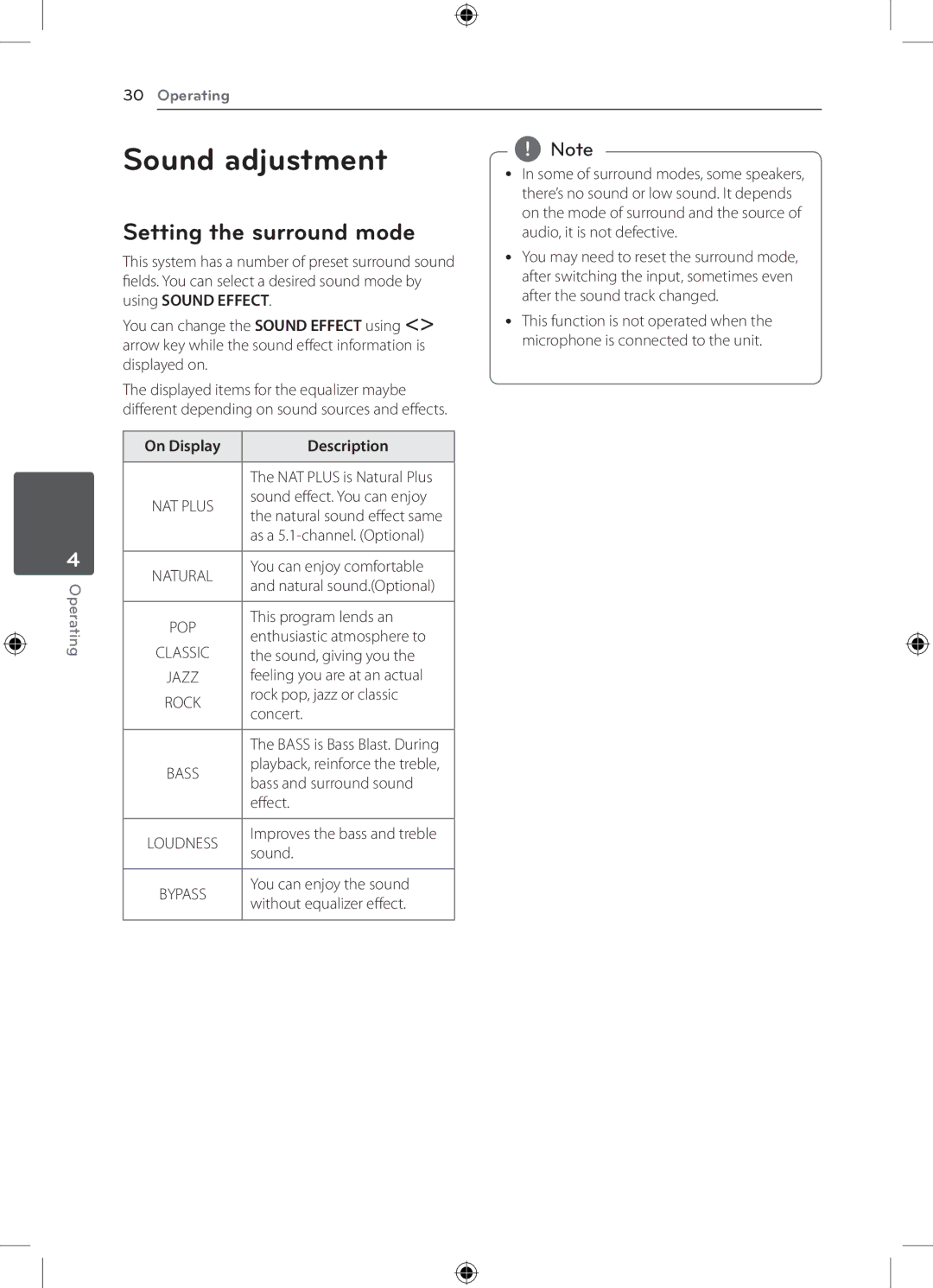 LG Electronics DH4220S owner manual Sound adjustment, Setting the surround mode, On Display Description 