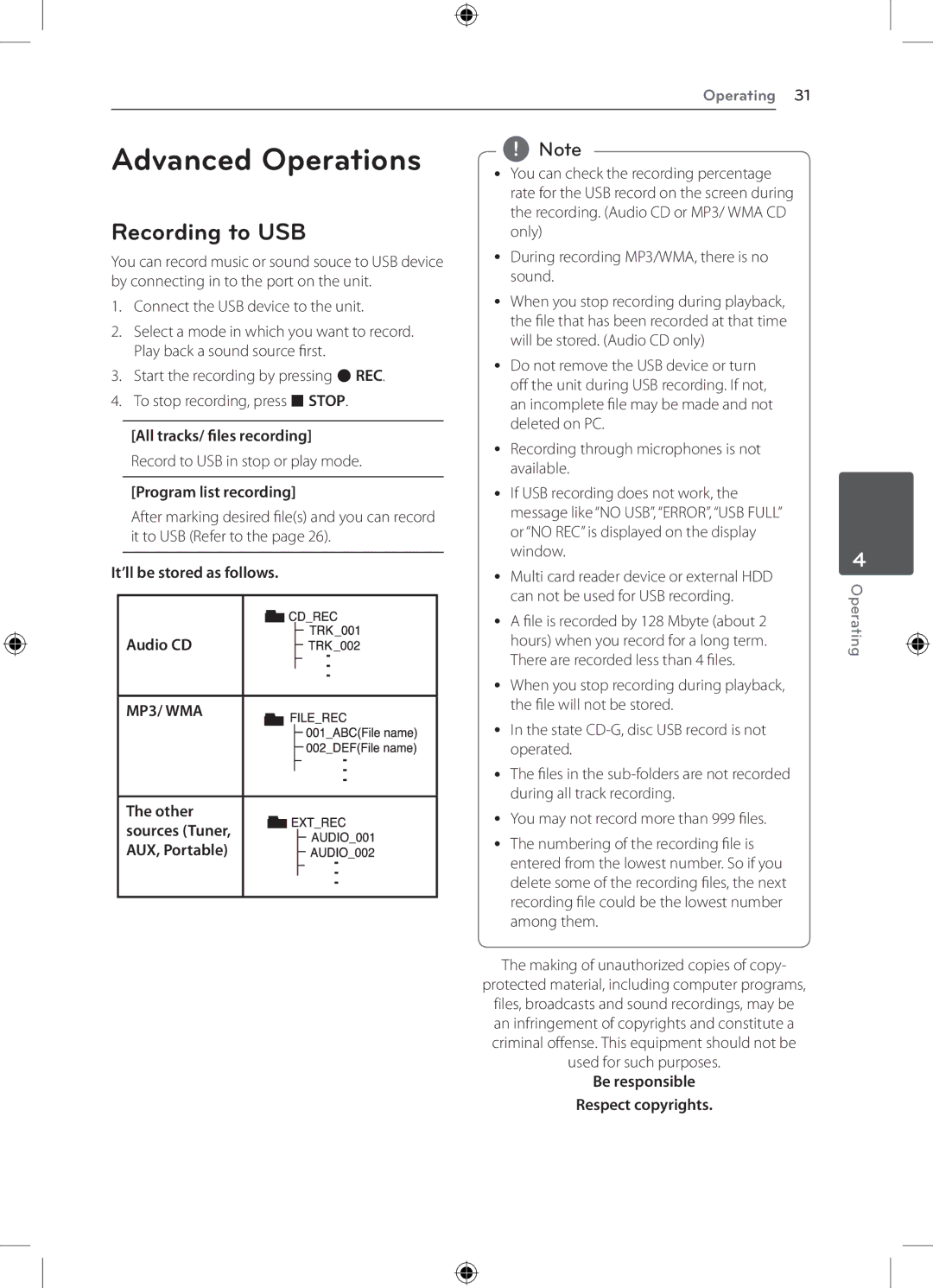 LG Electronics DH4220S owner manual Advanced Operations, Recording to USB 