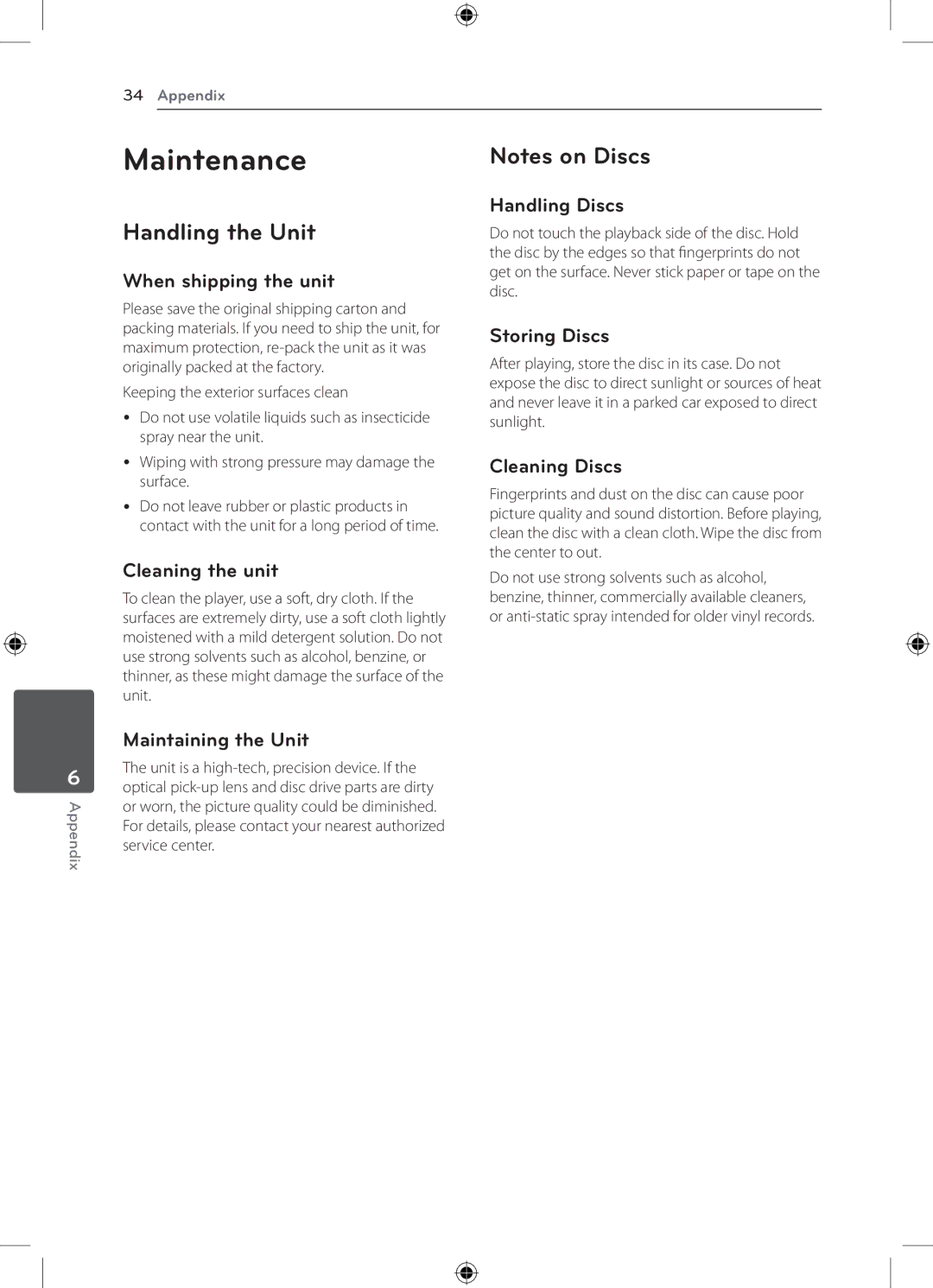 LG Electronics DH4220S owner manual Maintenance, Handling the Unit 