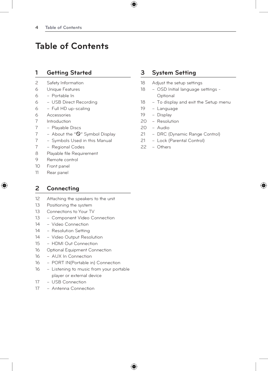 LG Electronics DH4220S owner manual Table of Contents 