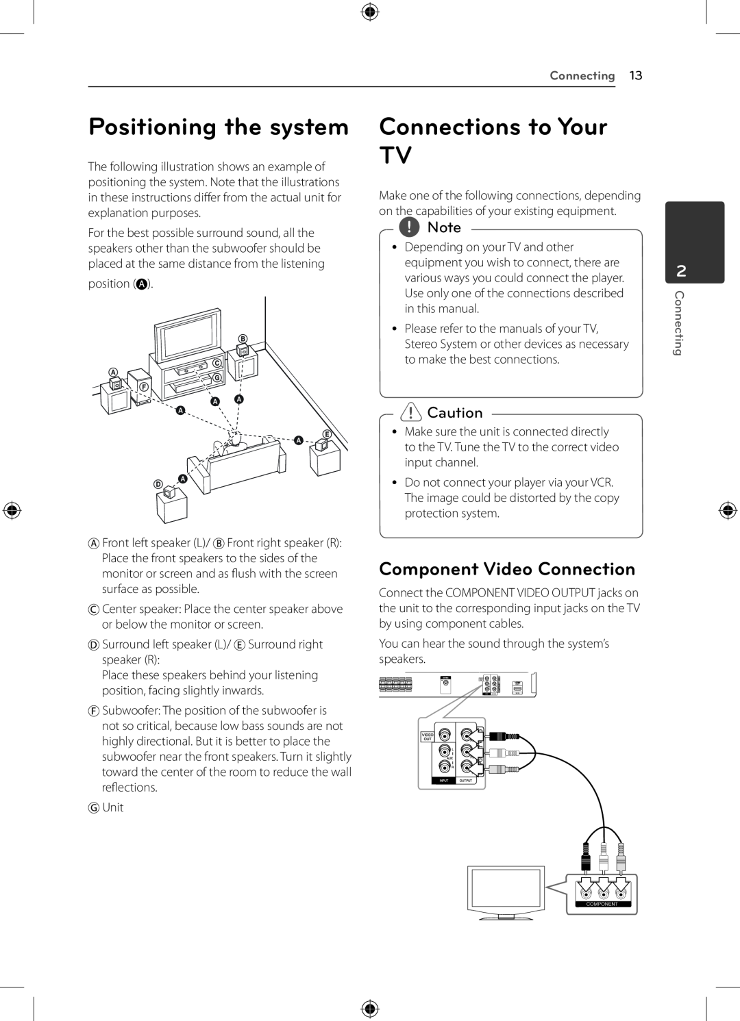 LG Electronics DH4220S owner manual Positioning the system, Connections to Your TV, Component Video Connection, Connecting 