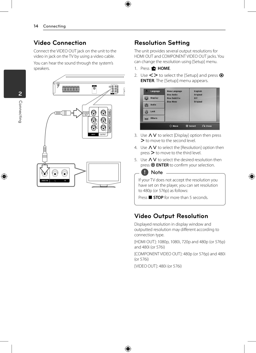 LG Electronics DH4220S owner manual Video Connection, Video Output Resolution, Resolution Setting, Connecting 