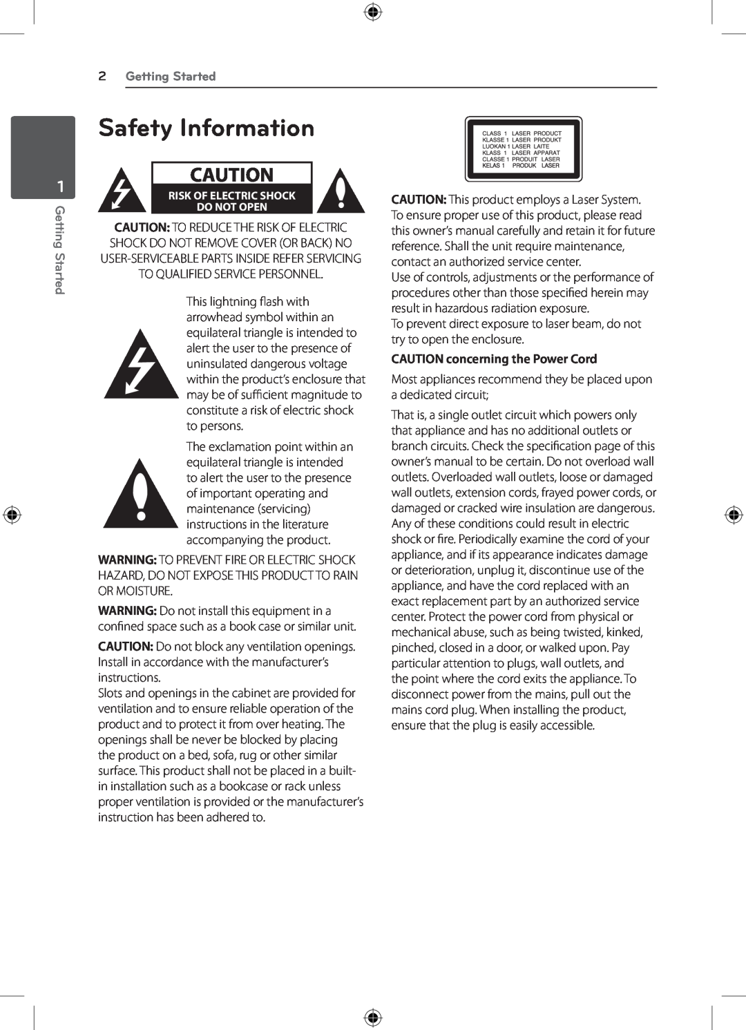 LG Electronics DH4220S owner manual Safety Information, Getting Started, CAUTION concerning the Power Cord 