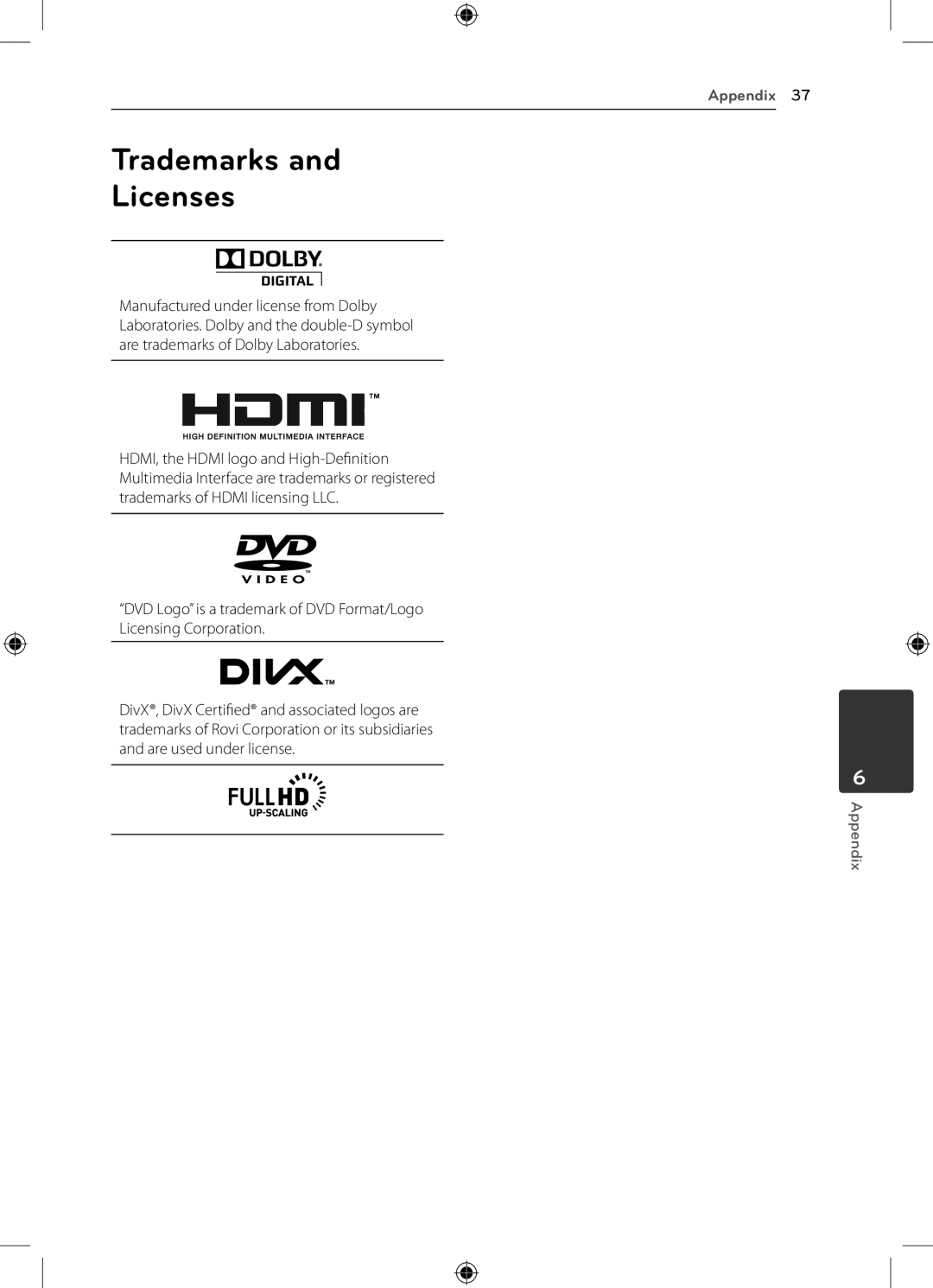 LG Electronics DH4220S Trademarks and Licenses, “DVD Logo” is a trademark of DVD Format/Logo Licensing Corporation 