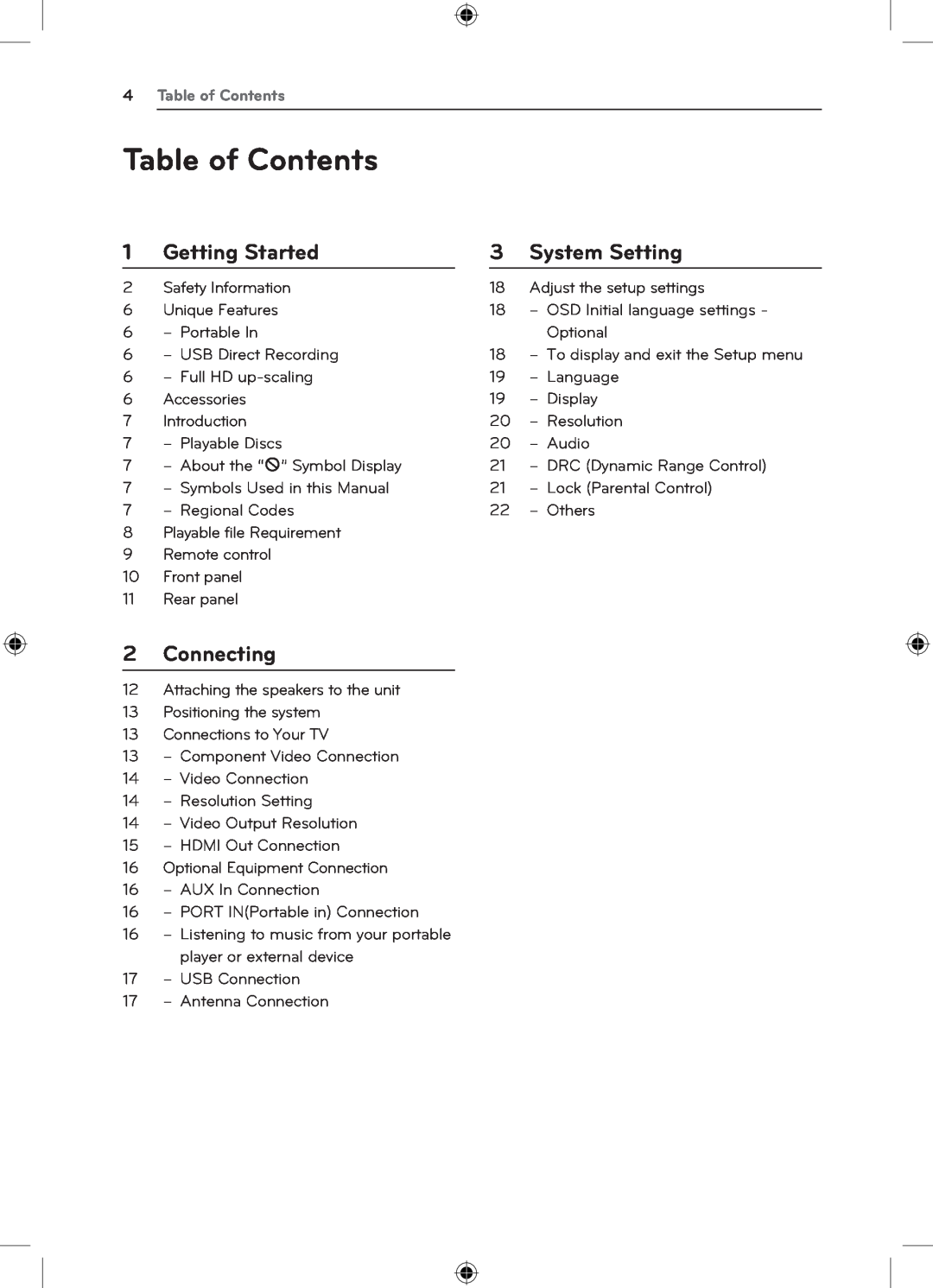 LG Electronics DH4220S owner manual Table of Contents, Getting Started, System Setting, Connecting 