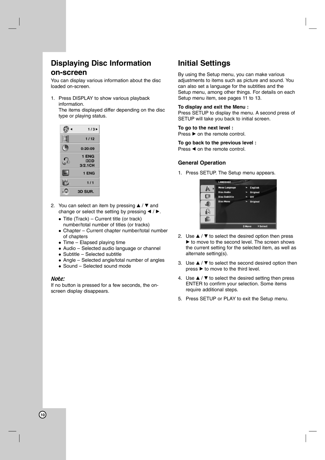 LG Electronics DK673X, DK676X, DK677X Displaying Disc Information on-screen, Initial Settings, To display and exit the Menu 