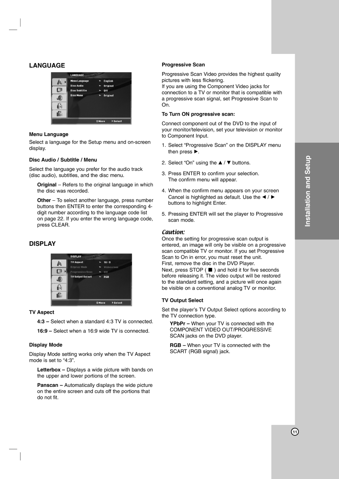 LG Electronics DK678X Menu Language, Disc Audio / Subtitle / Menu, TV Aspect, Display Mode, To Turn on progressive scan 