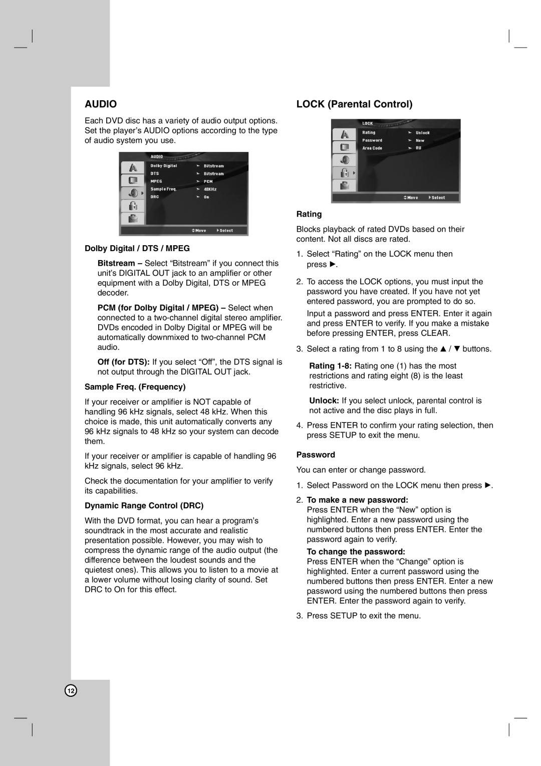 LG Electronics DK676X Dolby Digital / DTS / Mpeg, Sample Freq. Frequency, Dynamic Range Control DRC, Rating, Password 