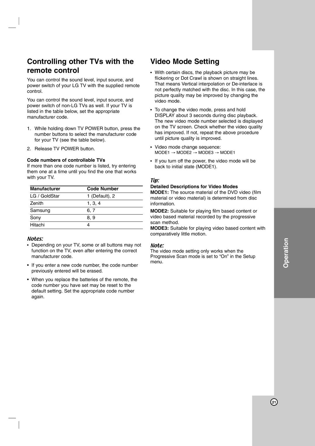 LG Electronics DK677X Controlling other TVs with the remote control, Video Mode Setting, Code numbers of controllable TVs 