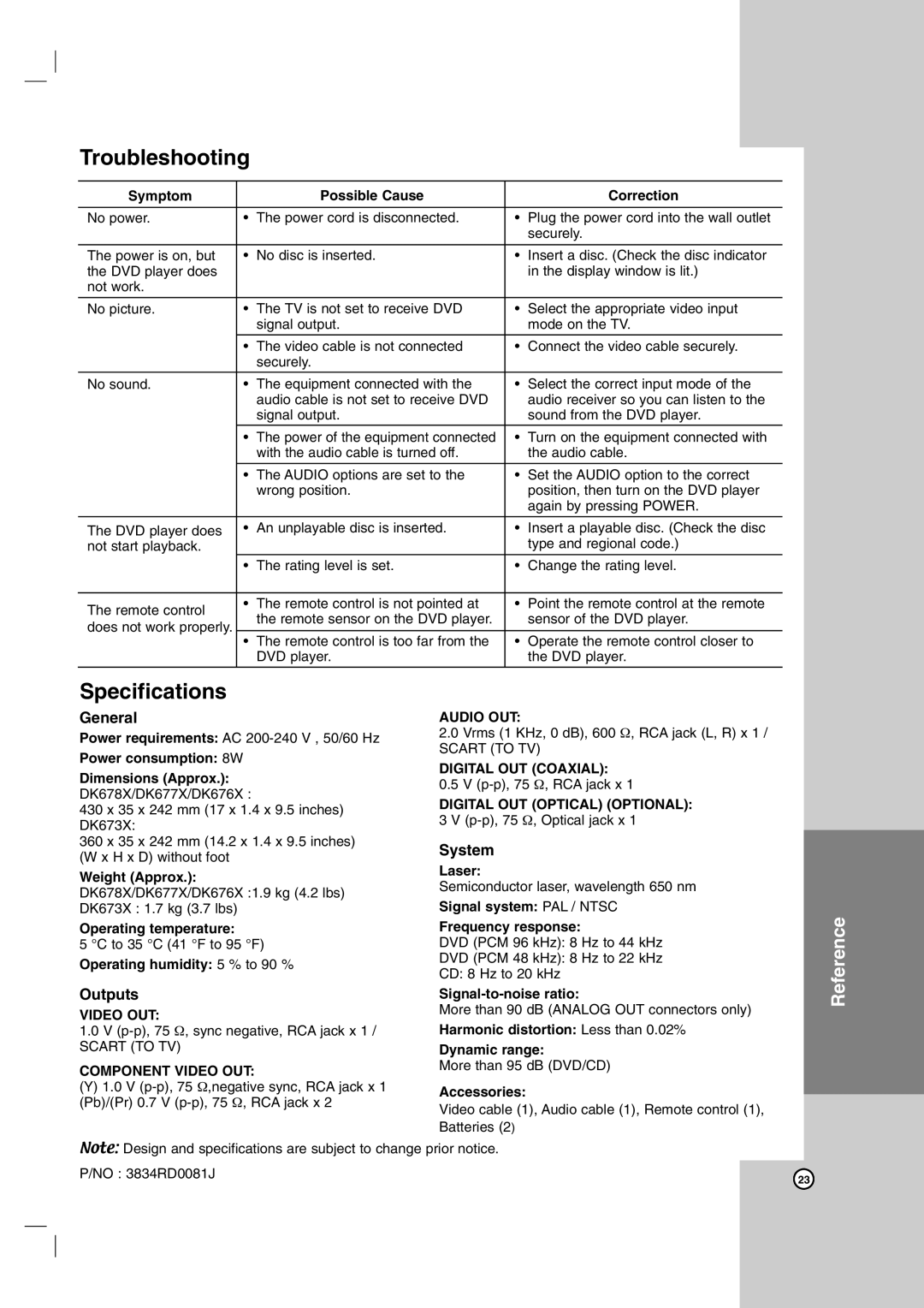 LG Electronics DK678X, DK676X, DK677X, DK673X owner manual Troubleshooting, Specifications 