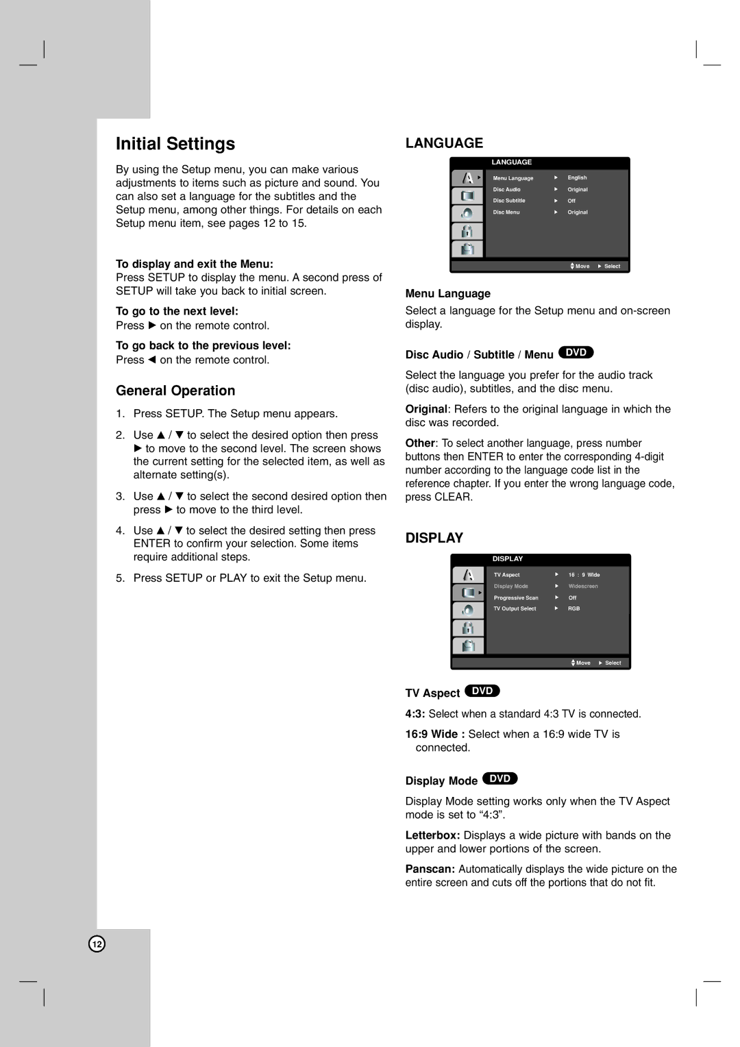 LG Electronics DKE573XB, DKE575XB, DK578XB, DK577XB, DKE574XB owner manual Initial Settings, General Operation 