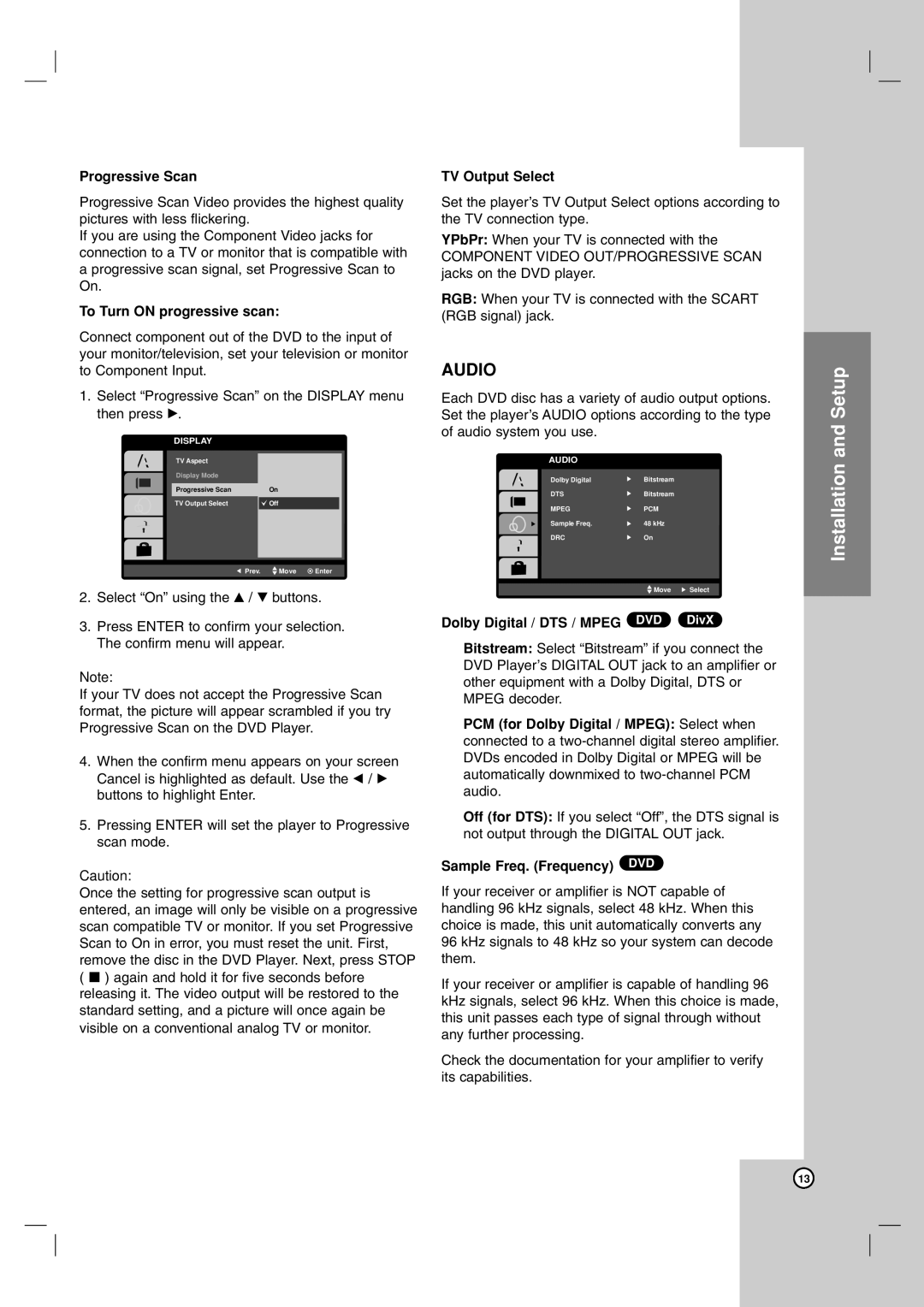 LG Electronics DK577XB Progressive Scan, To Turn on progressive scan, TV Output Select, Sample Freq. Frequency DVD 