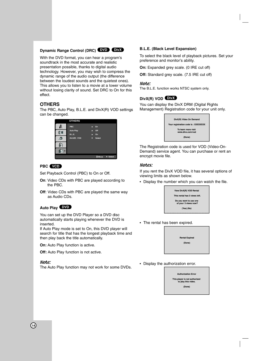 LG Electronics DKE574XB Dynamic Range Control DRC DVD DivX, Auto Play DVD, E. Black Level Expansion, DivXR VOD DivX 