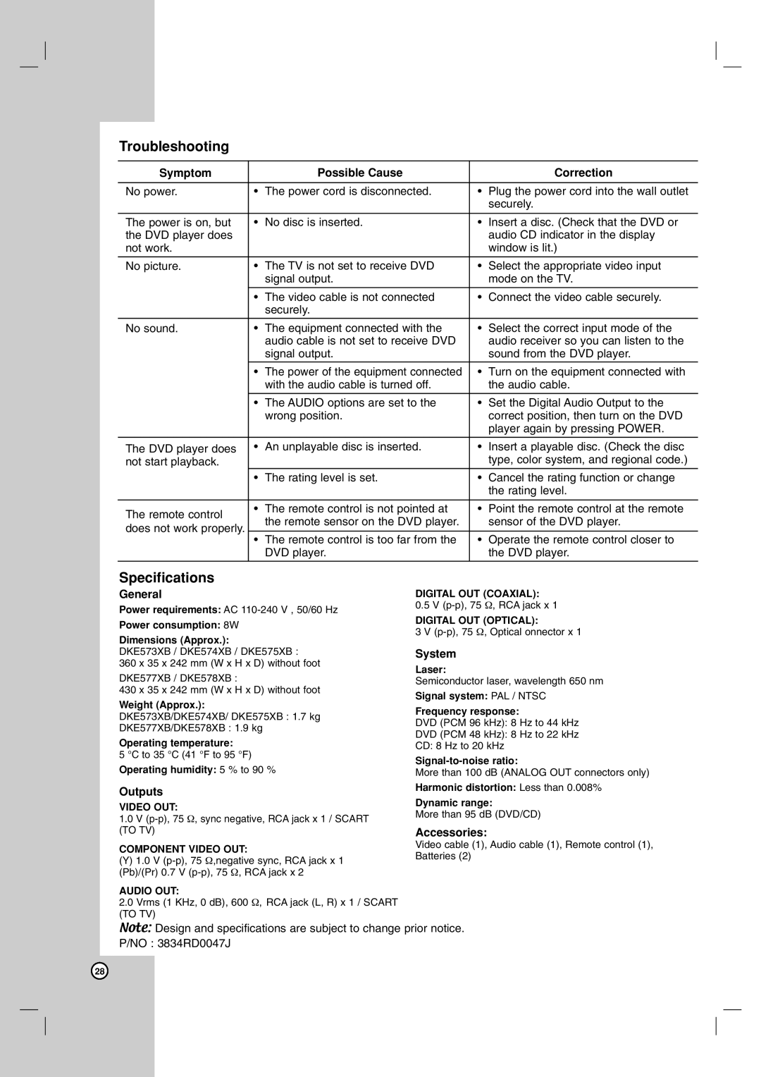 LG Electronics DK577XB, DKE575XB, DK578XB, DKE573XB, DKE574XB owner manual Troubleshooting, Specifications 