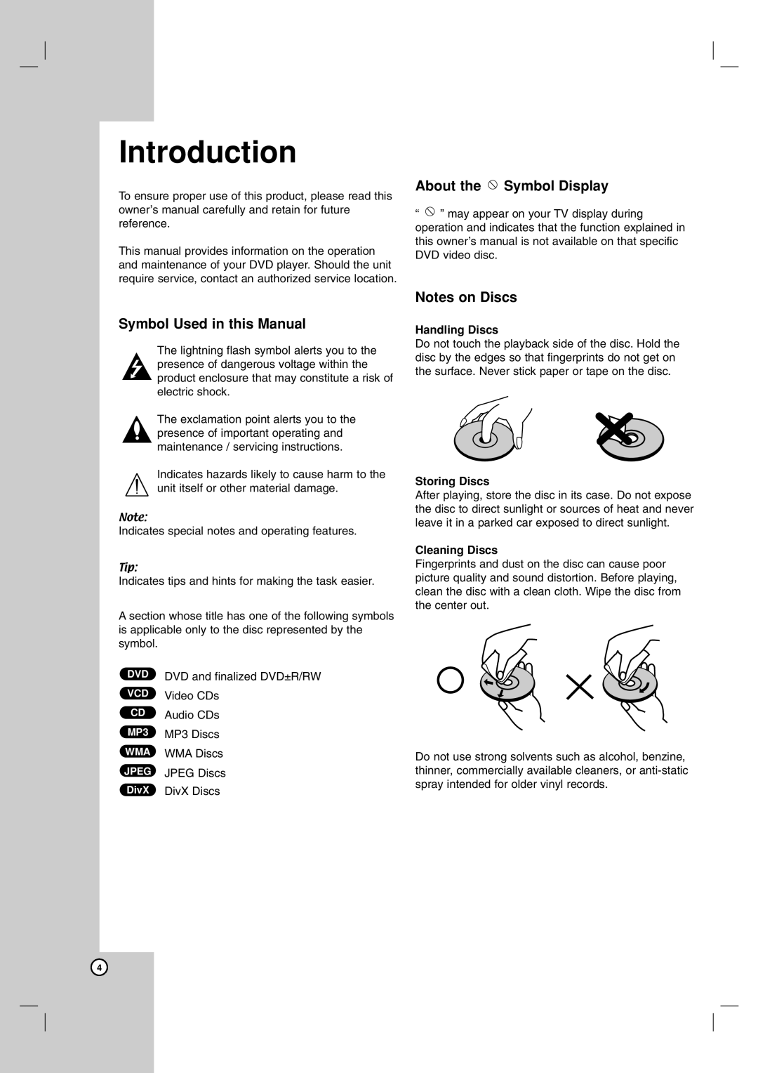 LG Electronics DKE574XB, DKE575XB Symbol Used in this Manual, About the Symbol Display, Handling Discs, Storing Discs 