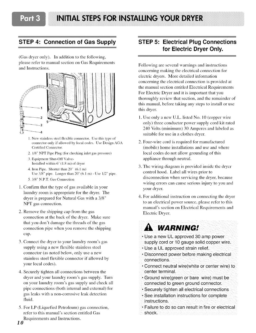 LG Electronics D 5988 B, DLE 5977W, D 5988W Connection of Gas Supply, Electrical Plug Connections for Electric Dryer Only 