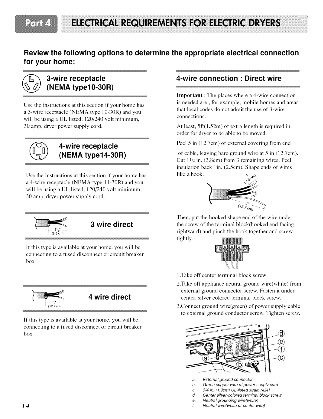 LG Electronics D 5988 B, DLE 5977W, DLE 5977 B Wire receptacle Nema type14-30R, Wire direct, Wire connection Direct wire 