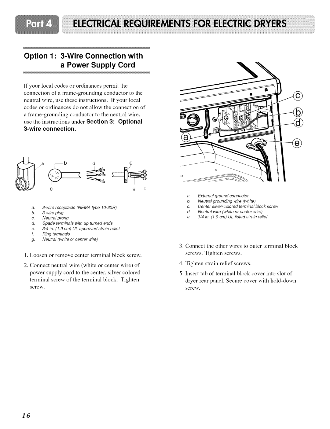 LG Electronics DLE 5977W, DLE 5977 B, D 5988 B, D 5988W Option 1 3-Wire Connection with a Power Supply Cord, Wire connection 