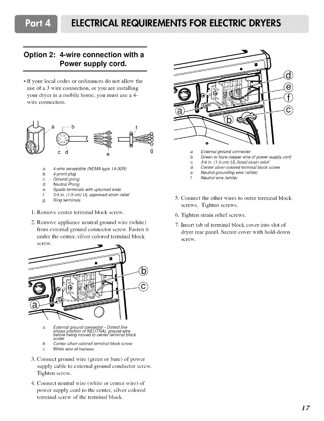 LG Electronics DLE 5977 B, DLE 5977W, D 5988 B, D 5988W owner manual Option 2 4-wire connection with a Power supply cord 