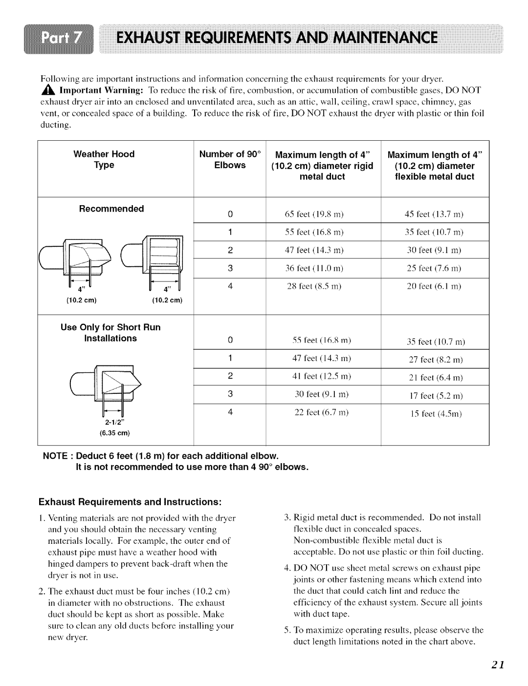 LG Electronics DLE 5977 B, DLE 5977W, D 5988 B, D 5988W owner manual Duct, Recommended, Use Only for Short Run Installations 