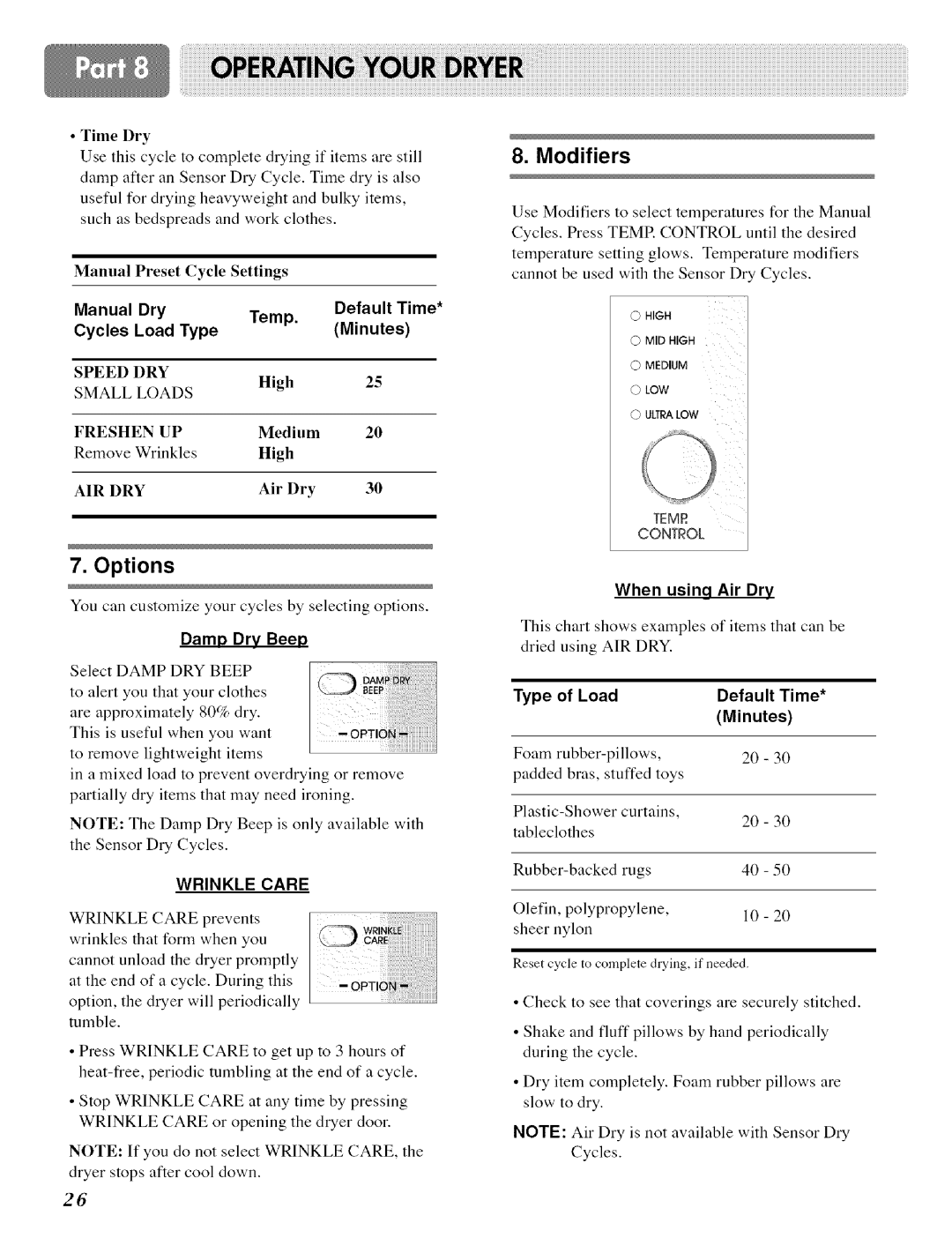 LG Electronics D 5988 B, DLE 5977W, DLE 5977 B, D 5988W owner manual Options, Modifiers 