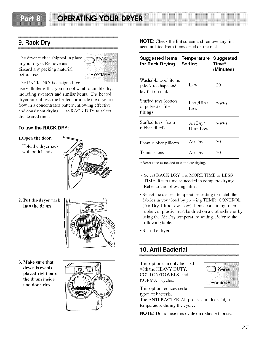 LG Electronics D 5988W, DLE 5977W, DLE 5977 B, D 5988 B owner manual Rack Dry, Anti Bacterial, To use the Rack DRY 