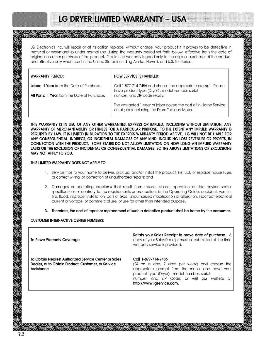 LG Electronics DLE 5977W, DLE 5977 B, D 5988 B, D 5988W owner manual Warrantyperiod 