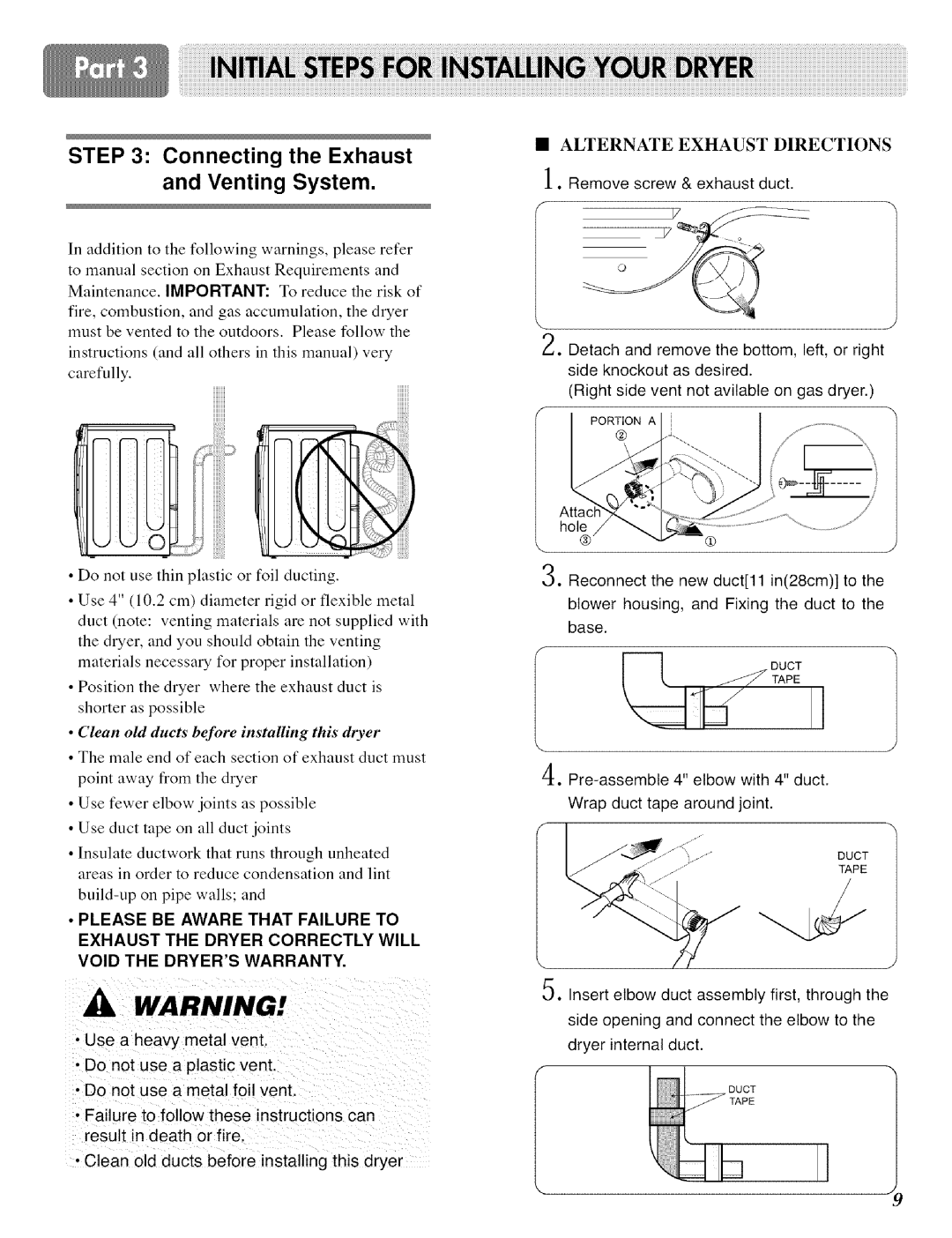 LG Electronics DLE 5977 B, D 5988W Connecting the Exhaust and Venting System, Clean old ducts beJbre installing this dryer 