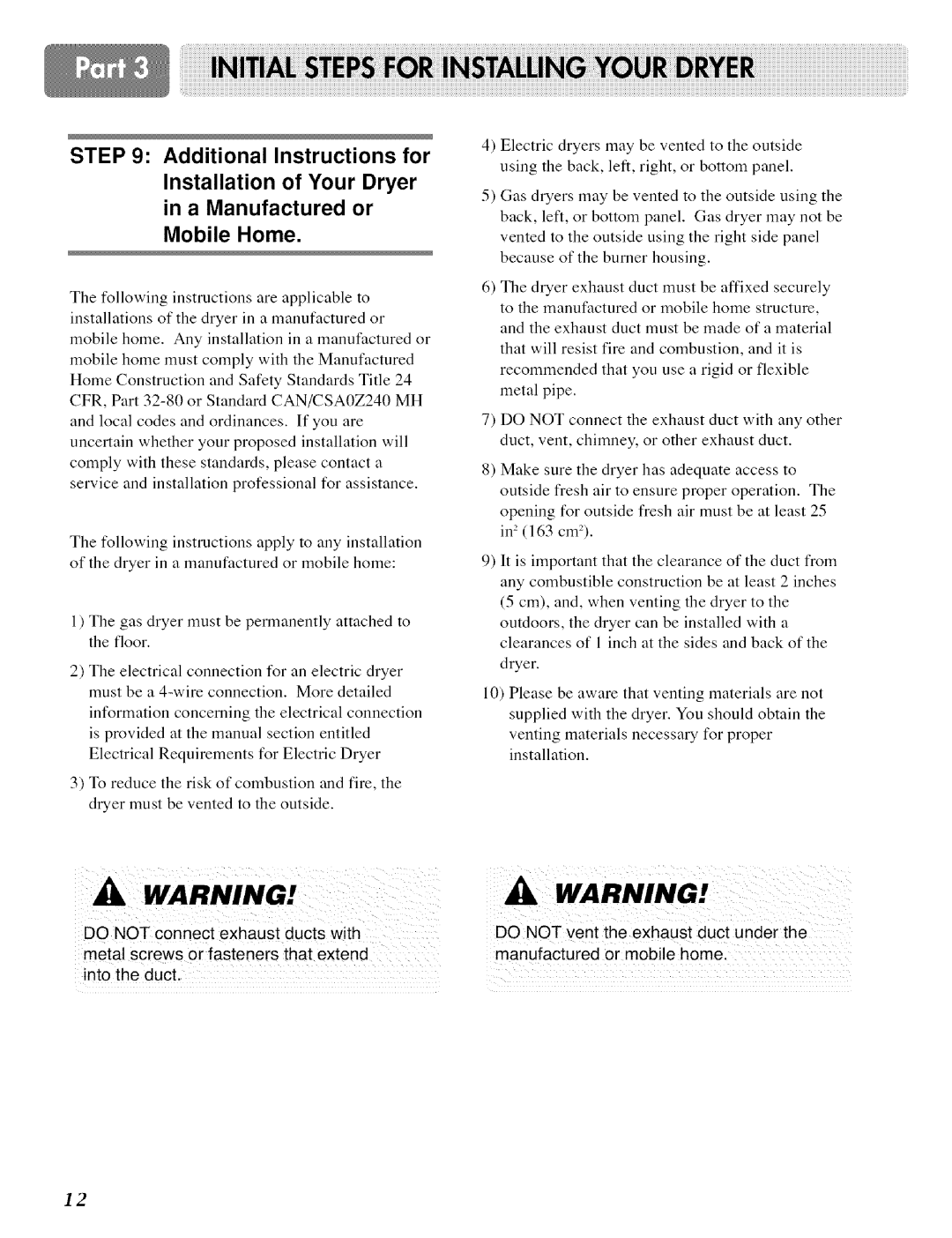 LG Electronics DLE 5977W Additional Instructions for, Installation of Your Dryer in a Manufactured or Mobile Home, exhaust 