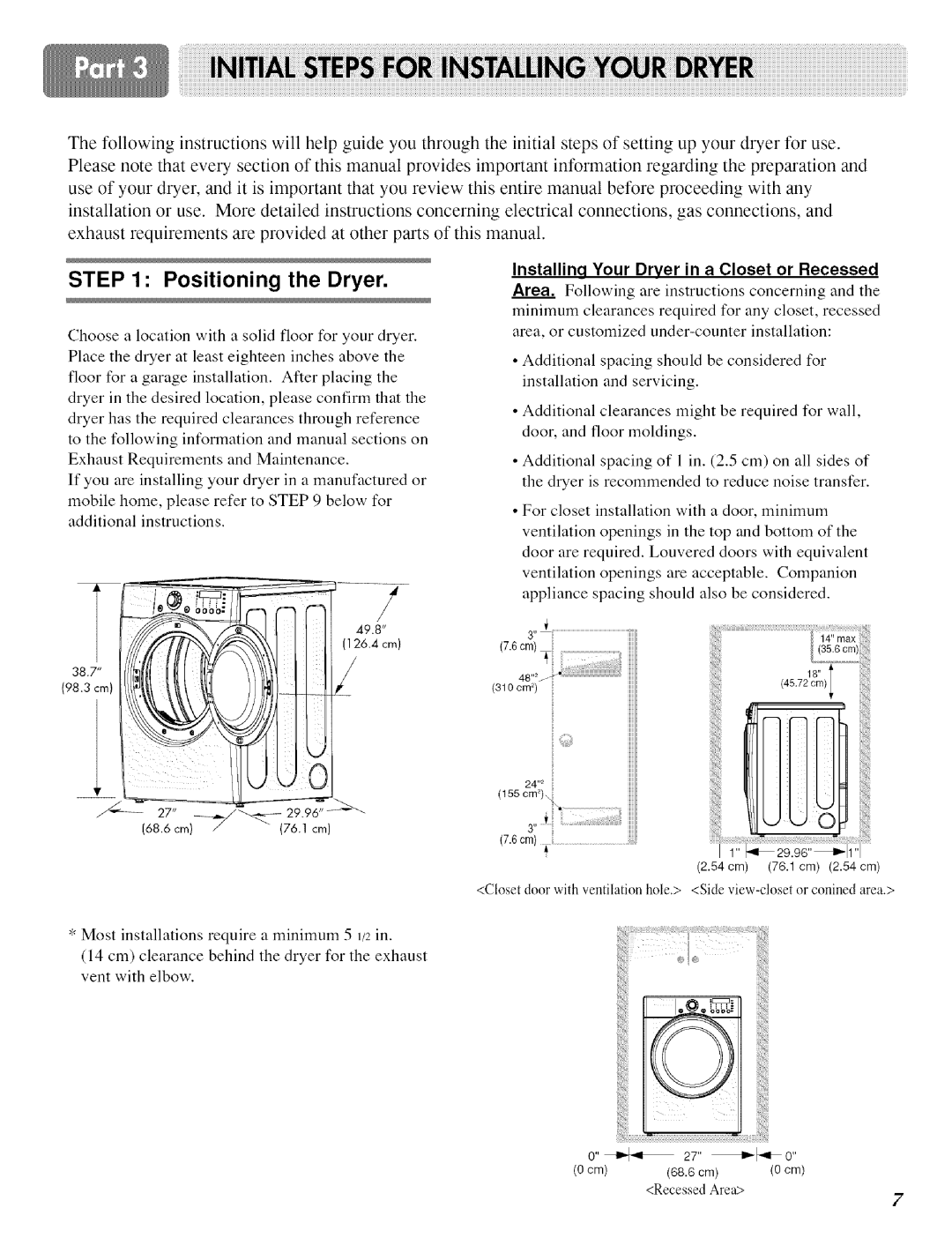 LG Electronics D 5988W, DLE 5977W, DLE 5977 B, D 5988 B owner manual Positioning the Dryer, 24,,211 