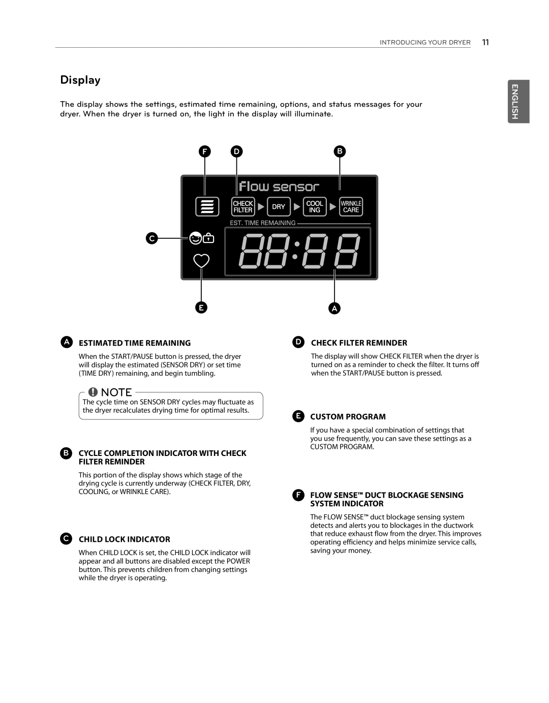 LG Electronics DLG1102W, DLE1101W Display, Cycle Completion Indicator with Check Filter Reminder, Custom Program 