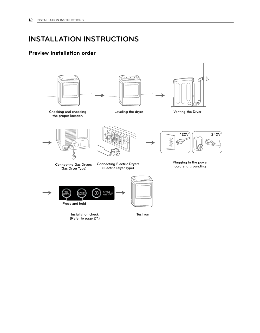 LG Electronics DLE1101W Installation Instructions, Preview installation order, Leveling the dryer, Press and hold 