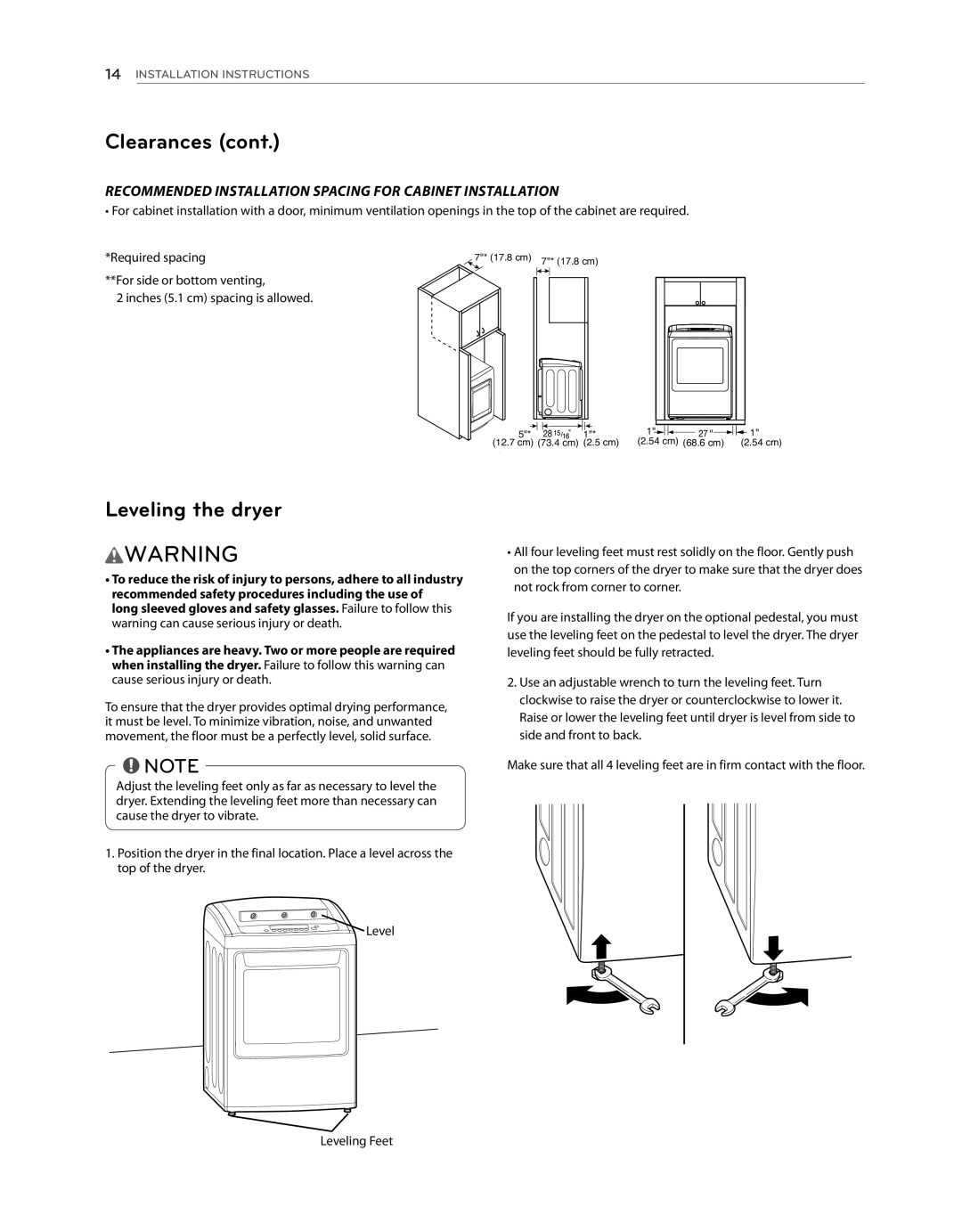 LG Electronics DLE1101W, DLG1102W owner manual Leveling the dryer, Recommended installation spacing for cabinet installation 