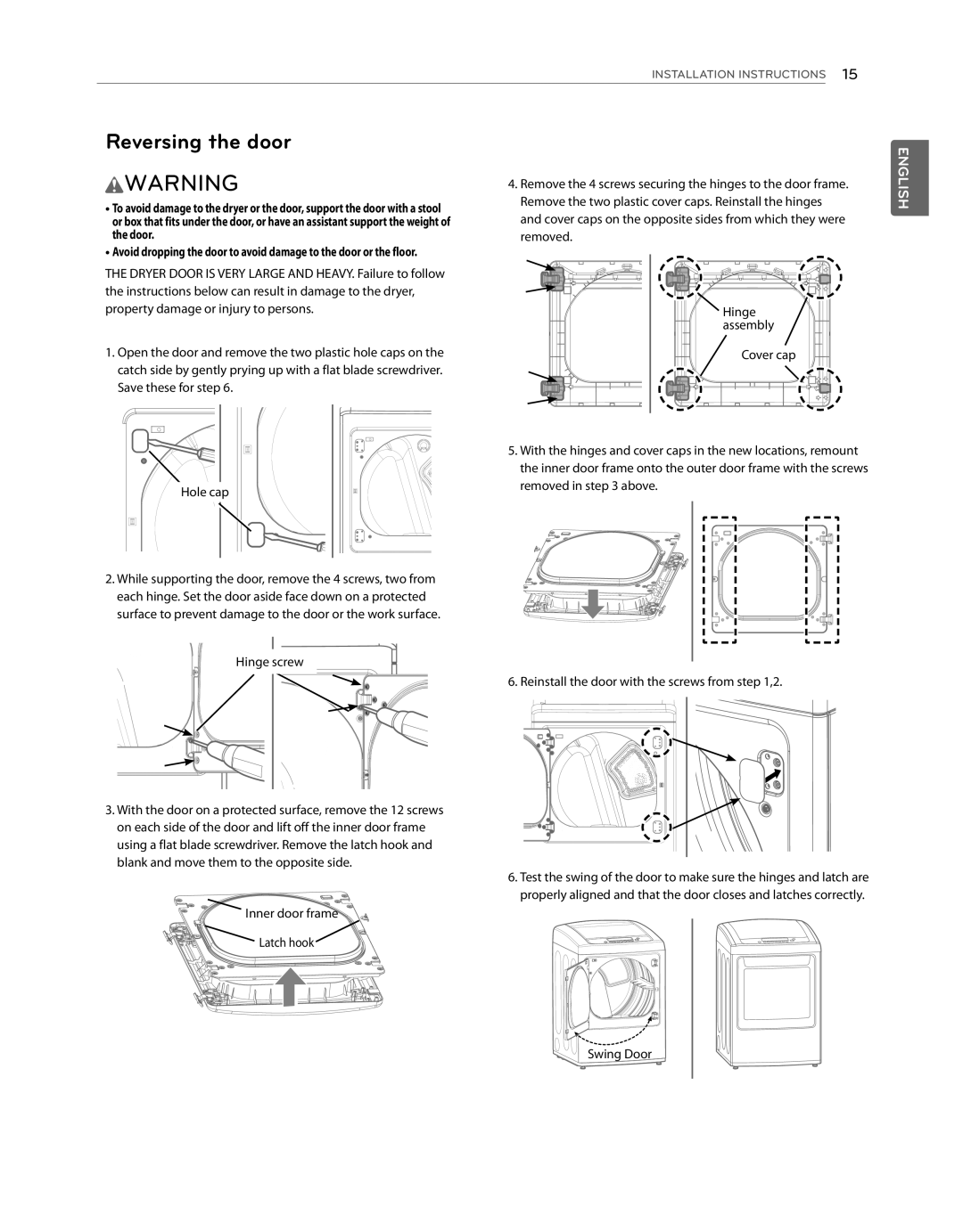 LG Electronics DLG1102W, DLE1101W owner manual Reversing the door, Hinge screw, Swing Door 