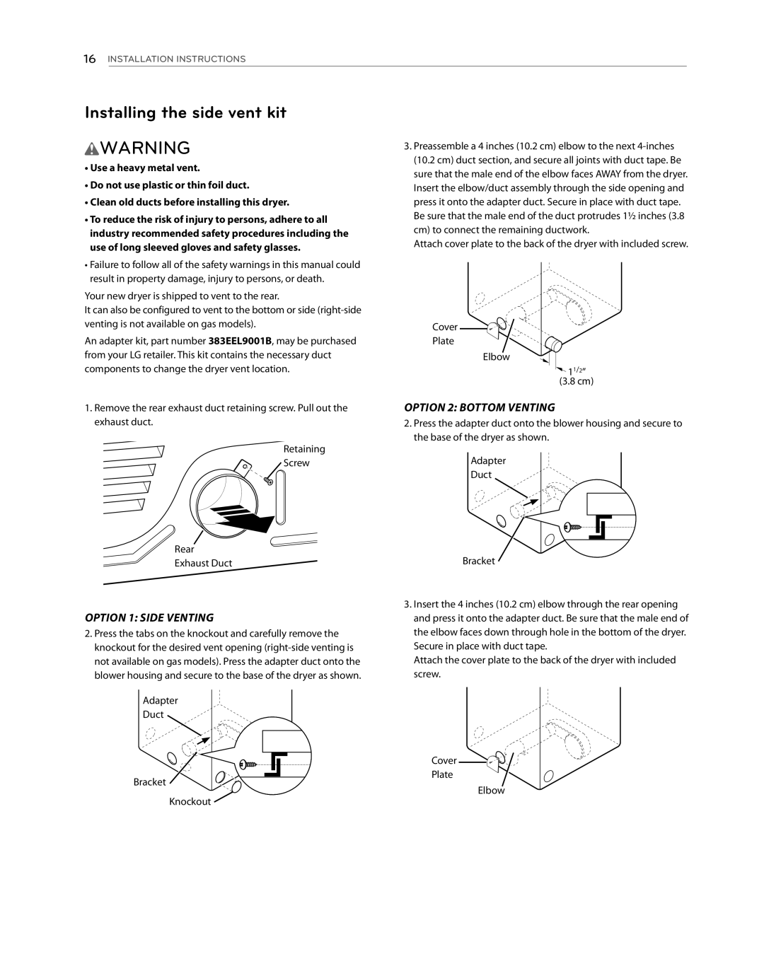 LG Electronics DLE1101W, DLG1102W owner manual Installing the side vent kit, Option 1 Side Venting, Option 2 Bottom Venting 