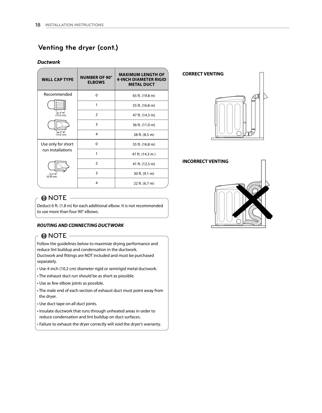 LG Electronics DLE1101W, DLG1102W owner manual Routing and Connecting Ductwork, Correct Venting, Incorrect Venting 